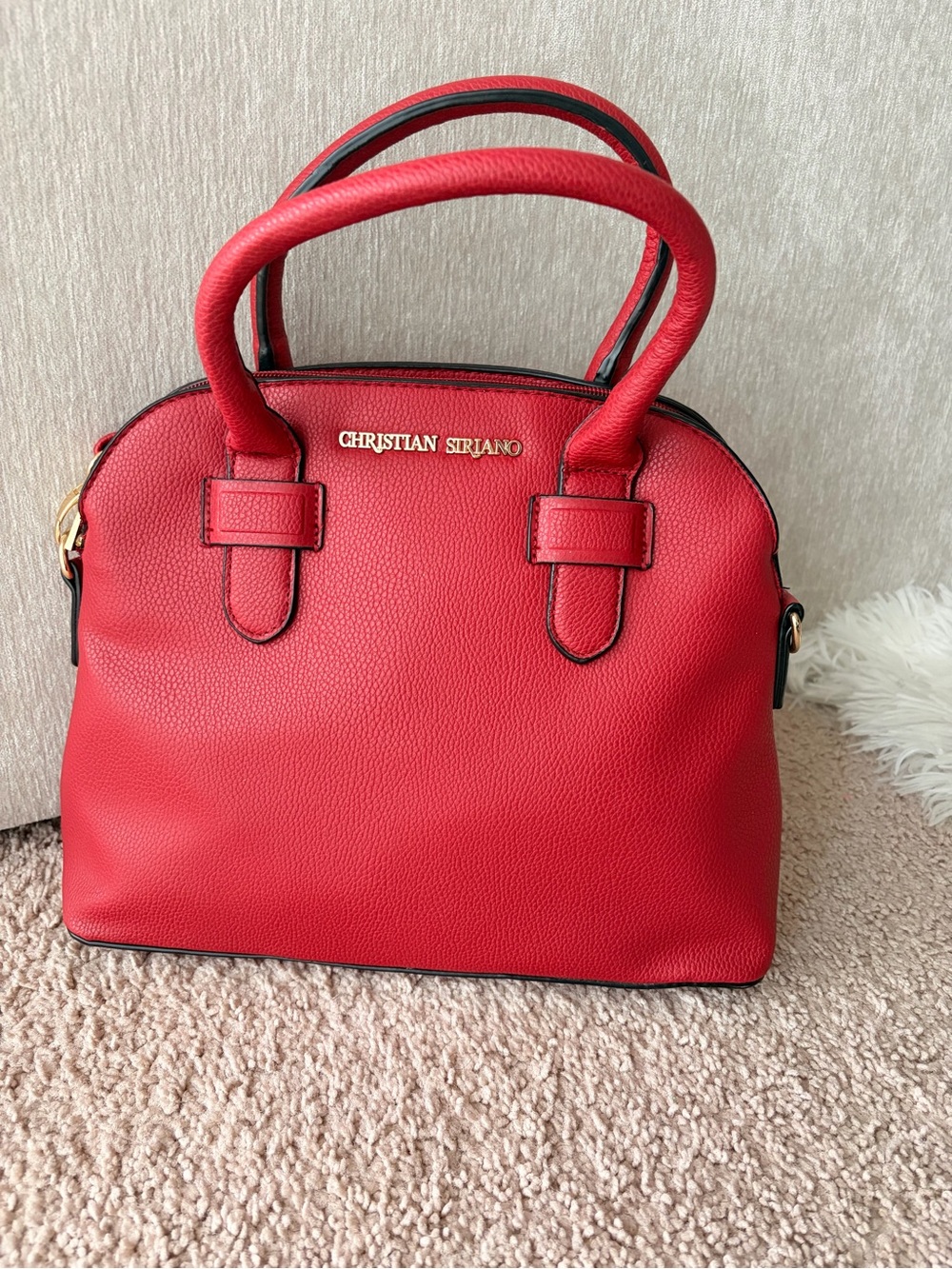 Christian Siriano Red Pebbled Dome Satchel with Gold Logo